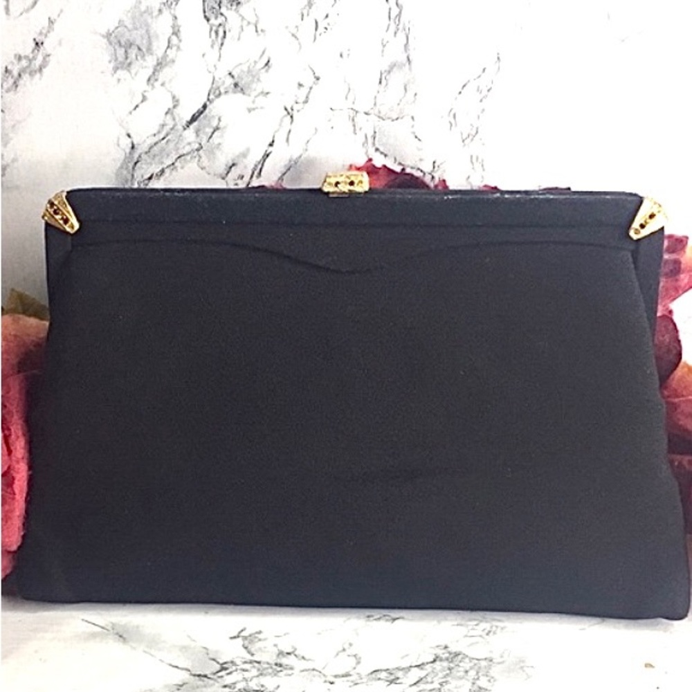 Vintage 50s After Five Black Satin Rhinestone Clutch